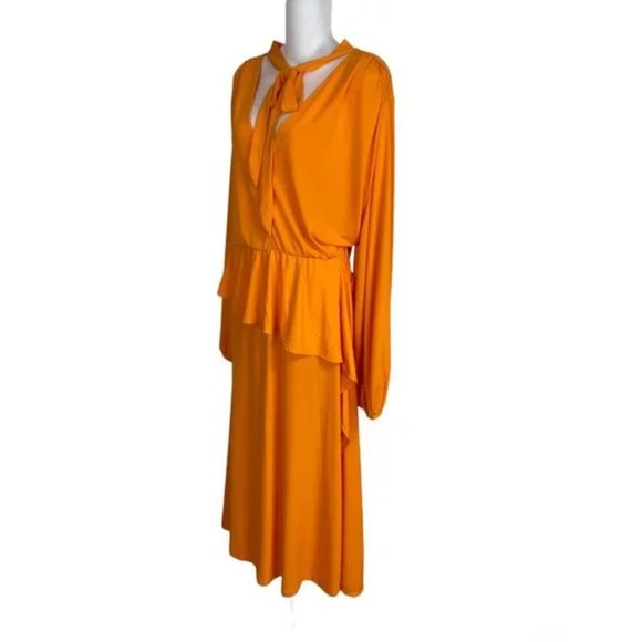 Plus Size 26, 4X Orange ELOQUII Dress Tie Neck Asymmetrical Peplum Long Sleeve - Picture 4 of 5
